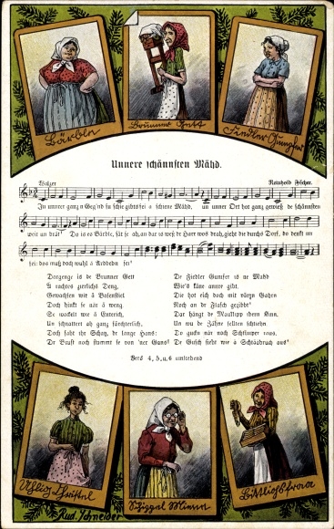 Song artists Postcard Schneider, Rud., Unnere schännsten Mähd, Wilhelm Vogel, R. Ficker, Erzgebirge