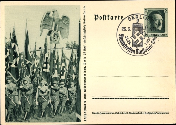 Postal stationery PC Nuremberg, Nazi Party Rally 1937, SA marches, national eagle, standard bearer