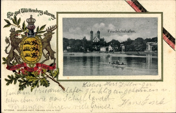 Embossed passepartout coat of arms Postcard Friedrichshafen on Lake Constance, general view