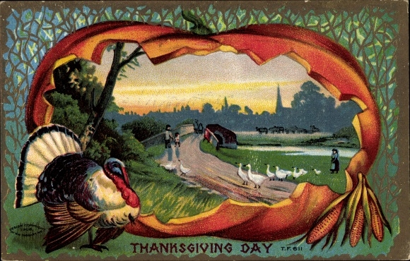 Ak Thanksgiving, Truthahn, Kürbis, Landmotiv