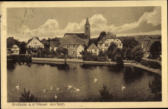 Ak Grohnde Emmerthal an der Weser, Am Teich, Kirche