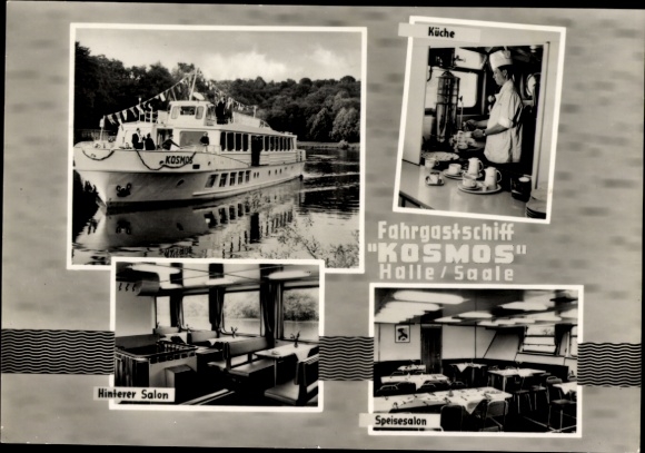 Postcard Halle an der Saale, passenger ship Kosmos, rear saloon, dining saloon, kitchen