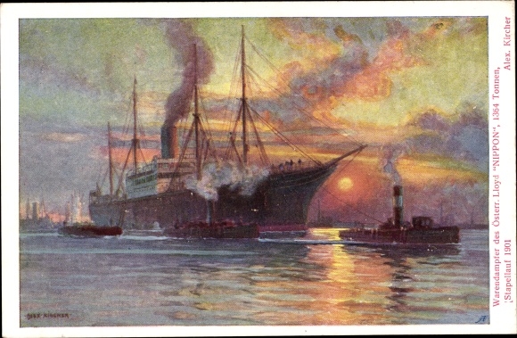 Artists Postcard Kircher, Alex, freighter Nippon, Österreichischer Lloyd