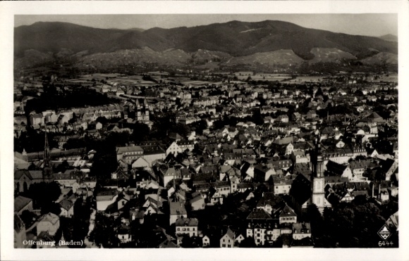 Postcard Offenburg in Baden Black Forest, aerial view of Offenburg, city view, mountains in the background