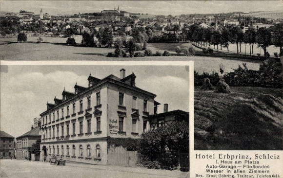 Ak Schleiz im Vogtland Thüringen, Hotel Erbprinz, Landschaft, Auto-Garage, fließendes Wasser