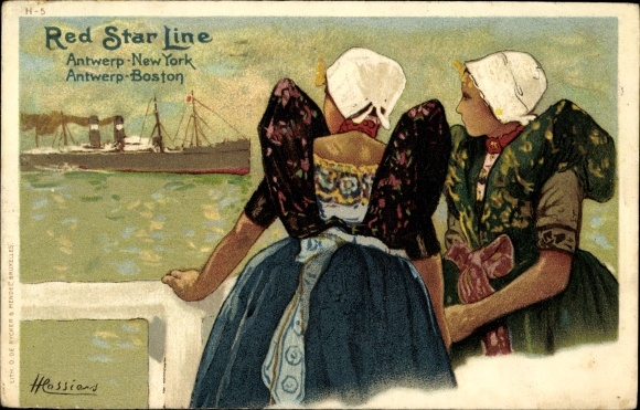 Artist Chromo-Litho Cassiens, steamship, Red Star Line, Antwerp New York Boston, Dutch traditional costumes