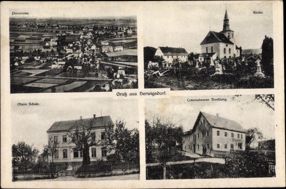 Ansichtkaart Herwigsdorf Rosenbach in Oberlausitz, kruidenierswinkel, school, kerk, panorama