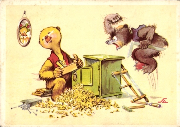 Artist Postcard Two humanized bears, humor, carpenter