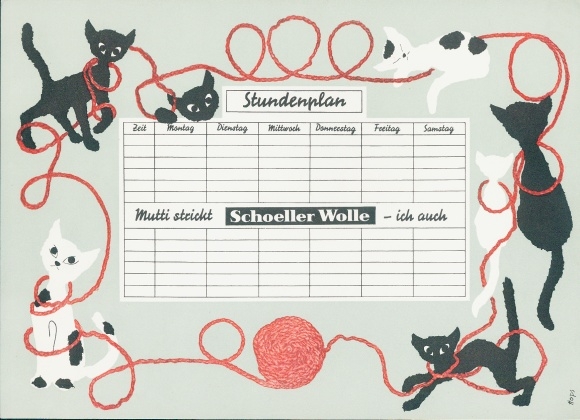 Timetable advertising, Schöller wool, mom knits - me too, cats play with wool