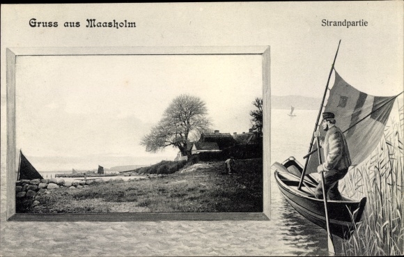 Passepartout ansichtkaart Maasholm in Sleeswijk Holstein, landschap, huis, zeilboot