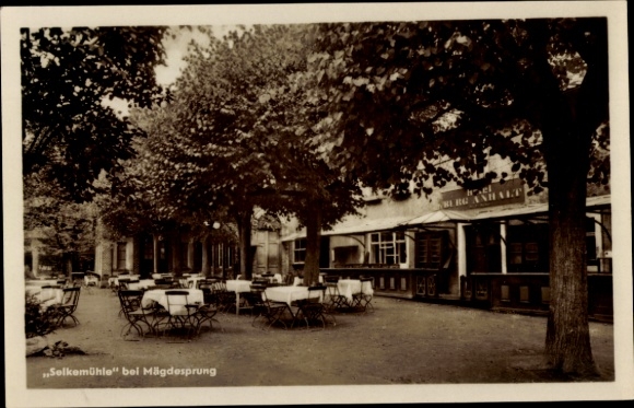 Ak Mägdesprung Harzgerode am Harz, Gaststätte Selkemühle, Böcker, Terrasse
