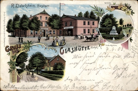 Litho Glashütte Norderstedt in Holstein, Gastwirtschaft, Kaiserl. Postamt, Gedenkstein