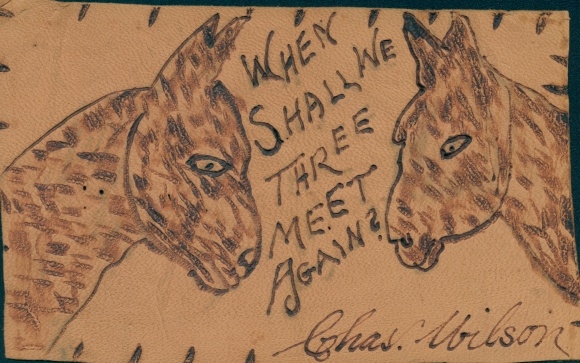 Leder Handgemalt Ak When shall we three meet again, Esel