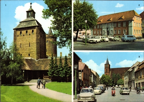 Postcard Bernau bei Berlin, Steintor and Hungerturm, town hall on Karl-Marx-Platz, Ernst-Thälmann-Strasse