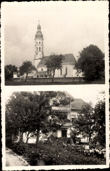 Photo Postcard Arget Sauerlach in Upper Bavaria, view of the church, house seen from the garden