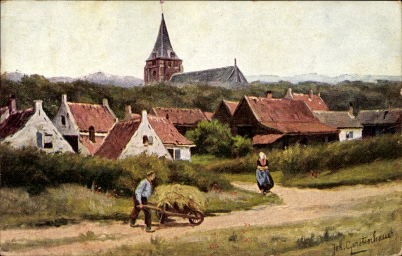 Artist Postcard Gerstenhauer, JG, Man with hay cart, church