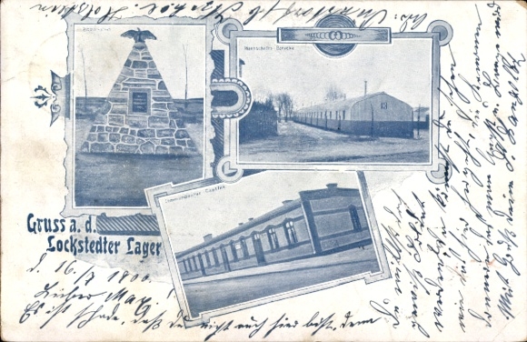 Ak Lockstedt in Holstein, Lockstedter Lager, nmotiv mit Lagergebäuden, Steindenkmal, Grußtext