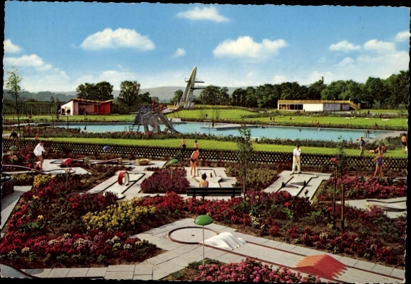 Postcard Neuwied am Rhein, swimming pool with mini golf course