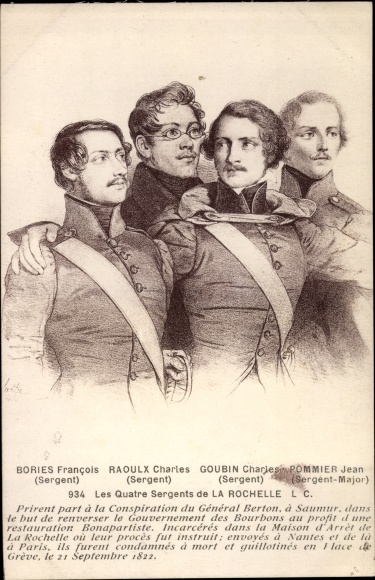 Postcard The Four Sergeants of La Rochelle, Bories Francois, Raoulx Charles, Goubin Charles, Pommier Jean