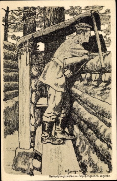 Artist Postcard Georgi, W., Observation post in the trench, Vosges, Leibniz, Bahlsen, advertising