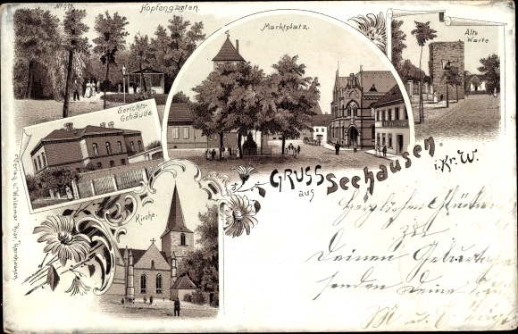 Chromo-Litho Seehausen Wanzleben Börde in Saxony Anhalt, hop garden, marketplace, court, church