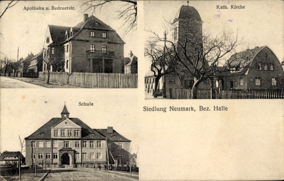 Postcard Neumark in Saxony, church, school, pharmacy, Bedraerstraße