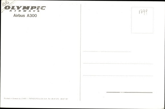 Postcard Greek passenger plane, Airbus A300, Olympic Airways