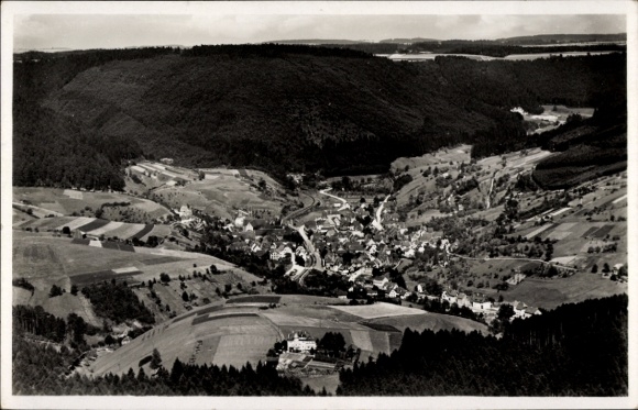 Ak Alpirsbach im Schwarzwald, Luftaufnahme eines Dorfes, umgeben von Wäldern und Feldern
