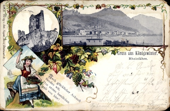 Ak Königswinter am Rhein, Historische Burg, Rheinfähre, Weinlese-Motiv, Gruß aus Königswinter