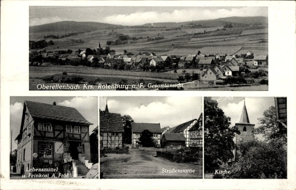 Postcard Oberellenbach Alheim Hessen, Panorama, grocery store A. Fröhlich, church, half-timbered houses