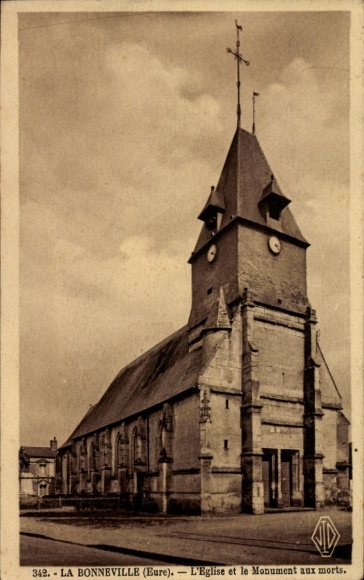 Postcard La Bonneville Eure, church, monument to the fallen, clouds, city view