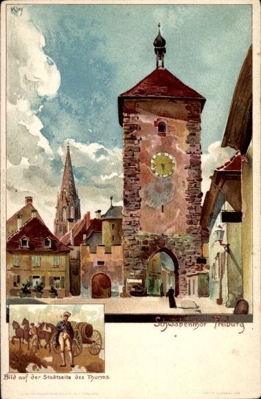 Ak Freiburg im Breisgau, Gemälde, Stadttor, historische Gebäude, Pferdewagen, Kirchturm