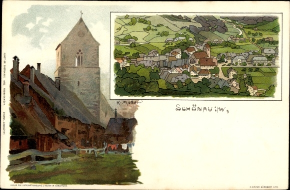 Artist Chromo-Litho mother, K., Schönau Bad Münstereifel in North Rhine-Westphalia, church, town view