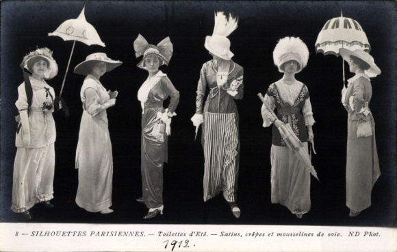 KP paryskie sylwetki, damy w letniej modzie, sukienki, satyna, muślin, parasole, 1912