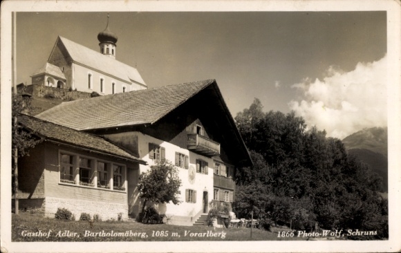 Postcard Bartholomäberg Vorarlberg, part of the Gasthof Adler, church