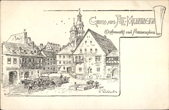 Artysta KP Behlert, K., Meiningen w Turyngii, Töpfemarkt i Nonnenplatz