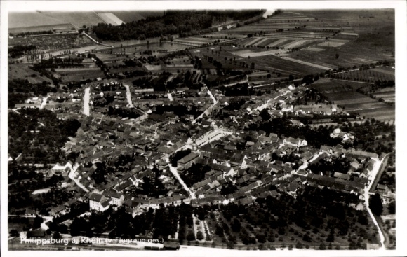 Postcard Philippsburg in Baden, aerial view of Philipsburg, many streets, residential buildings, agriculture