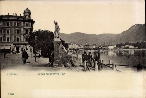 KP Lugano Kanton Ticino Szwajcaria, Piazza Guglielmo Tell, statua, widok miasta, Alpy Szwajcarskie