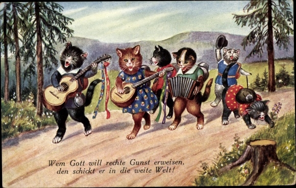 Artist Postcard Kaskeline, F., cats, guitar, lute, accordion, wandering