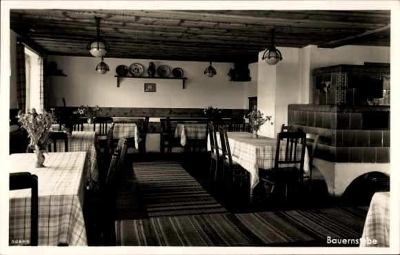 Postcard Nesselwang in Allgäu, interior view of a guesthouse, tables with checkered tablecloths, rustic