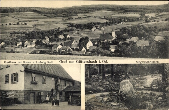 Postcard Güttersbach Mossautal in the Odenwald Hessen, Siegfriedbrunnen, Gasthaus zur Krone