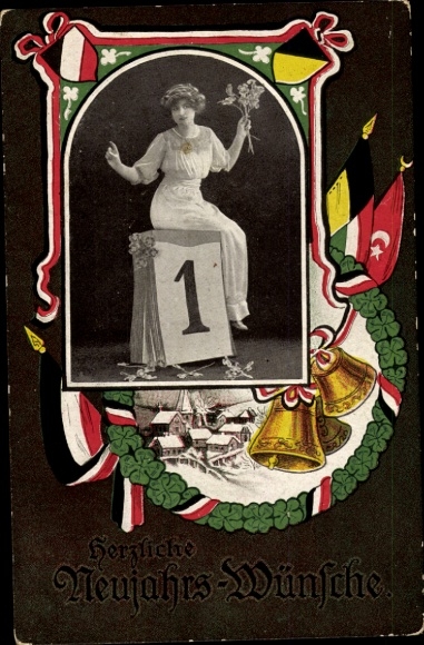 Passepartout PC Happy New Year, woman sitting on calendar, bells, flags, KuK, Türkiye