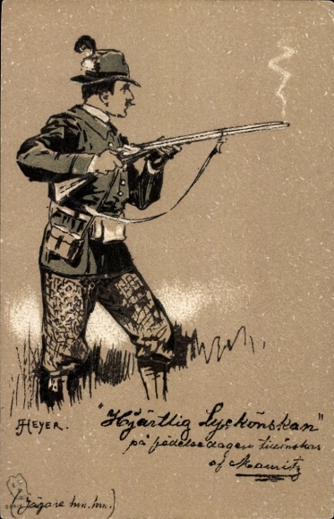 Künstler Ak Heyer, Jäger mit Gewehr auf der Jagd