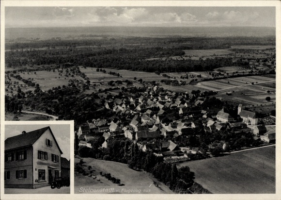Postcard Steinenstadt Neuenburg am Rhein Baden, aerial photograph, commercial building J. Rossnagel