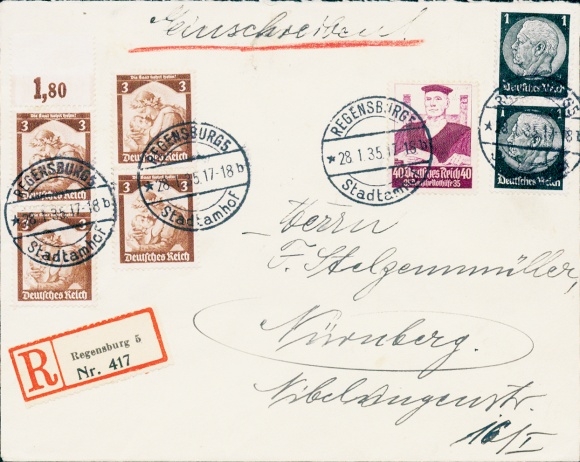 Michel 564 and 565 (4), 512 (2) on registered letter Regensburg to Nuremberg 28.01.1935