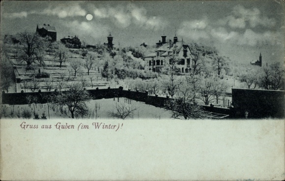 Ak Guben in Neder-Lausitz, besneeuwd winterlandschap, historische gebouwen, maan aan de hemel