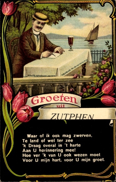 Poem Passepartout Postcard Zutphen Gelderland, man writes a letter, greetings