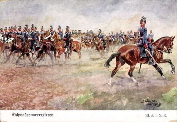 Artist Postcard Döbrich Steglitz, squadron drill, German soldiers, Uhlans, Ul. 8 IAK