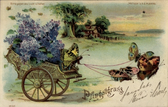 Hold against the light Chromo-Litho Congratulations Pentecost, butterflies, carriage, lilac