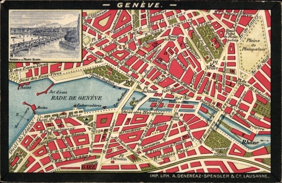 Mapa miasta Genewa, Szwajcaria, panorama, most, Mont Blanc, Place Neuve, Plaine de Plainpalais
